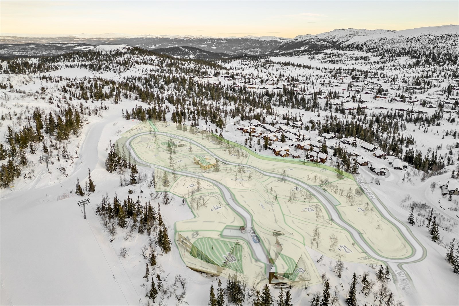 Toppen H2 -Helene Bøs veg 2-47 over Kvitåvatnlia - omtrentlig markering av tomtene. Flere av hyttene er tatt i bruk 2023-2024 Galleribilde