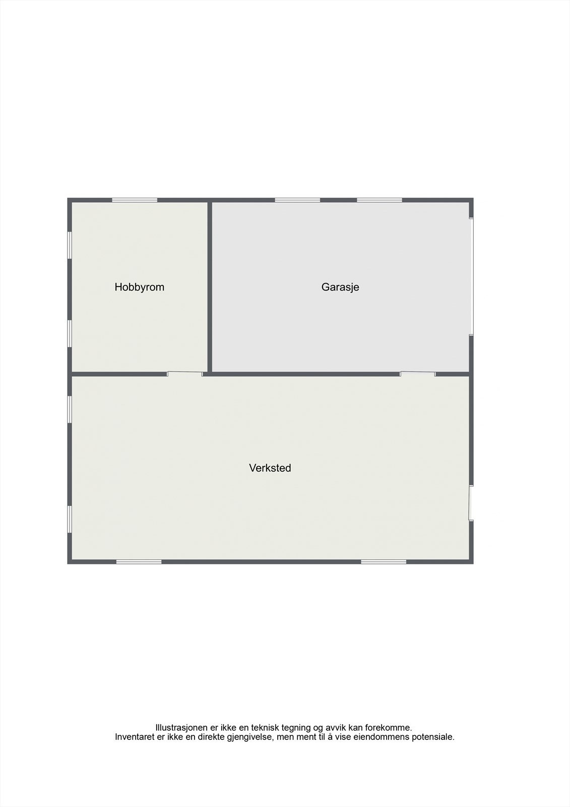 Planskisse av garasje/hobbyrom og verksted. Galleribilde