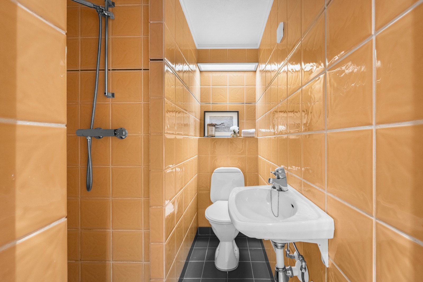Dusjnisjen er oppmurt og har et termostatstyrt dusjbatteri i krom med tilhørende hånddusj. Badet har også en veggmontert servant med ett-greps armatur i krom, samt et gulvstående klosett Galleribilde