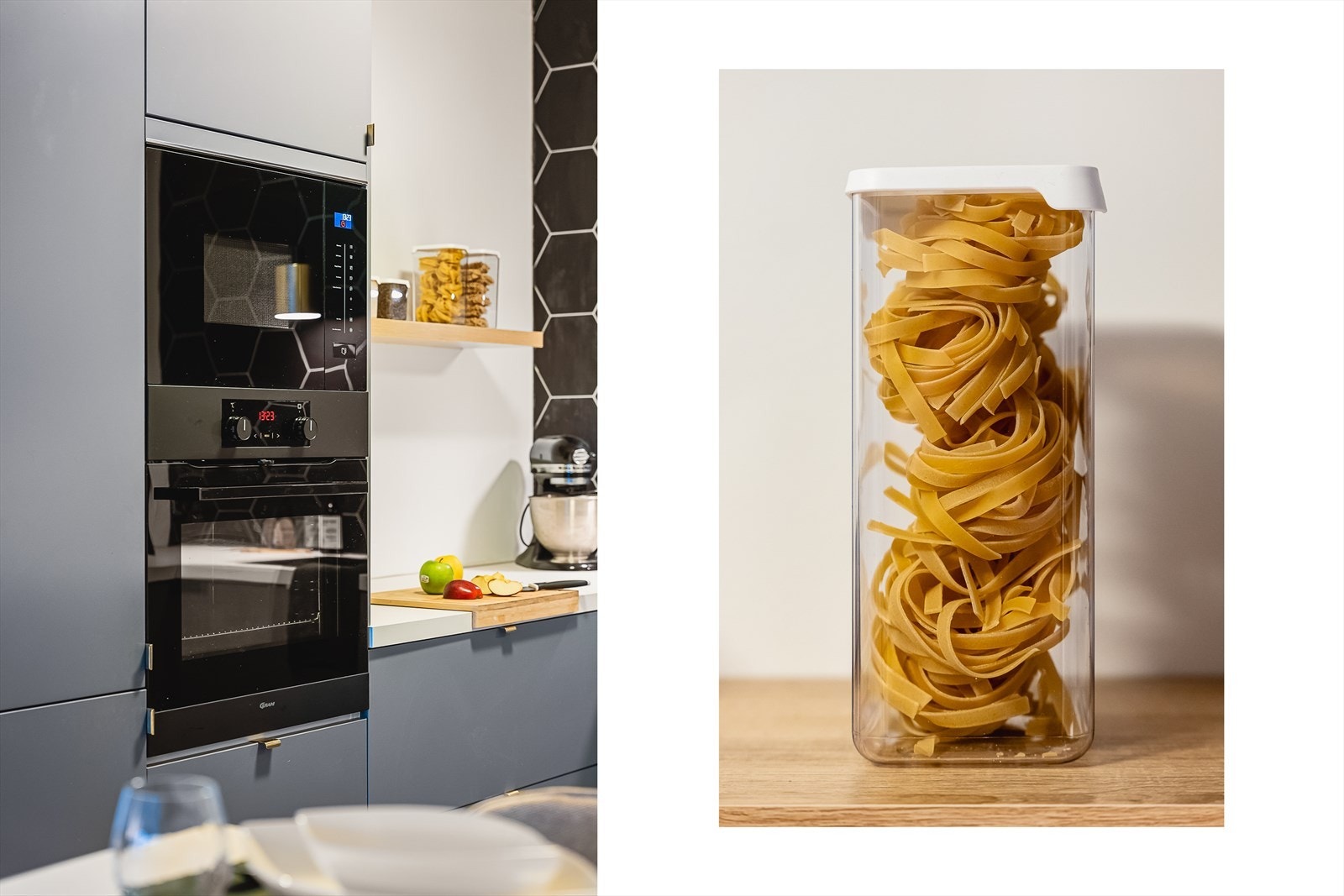 Stekeovn og mikrobølgeovn i behagelig arbeidshøyde, ved siden av kjøleskap og frys. I tillegge er det oppvaskmaskin og induksjonstopp. Galleribilde