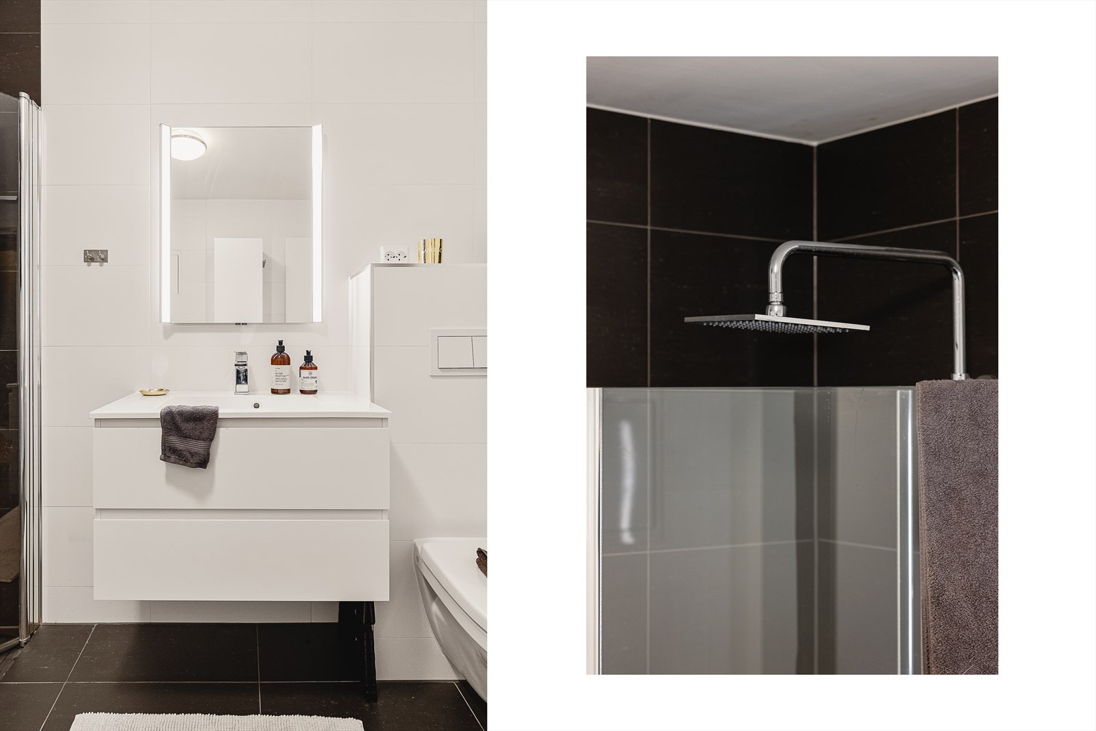 Innfellbare dusjdører, himmeldusj, vegghengt toalett, speil med belysning, servant i skuffer, vegghengt skap og VVB, samt opplegg for vaskemaskin. Galleribilde