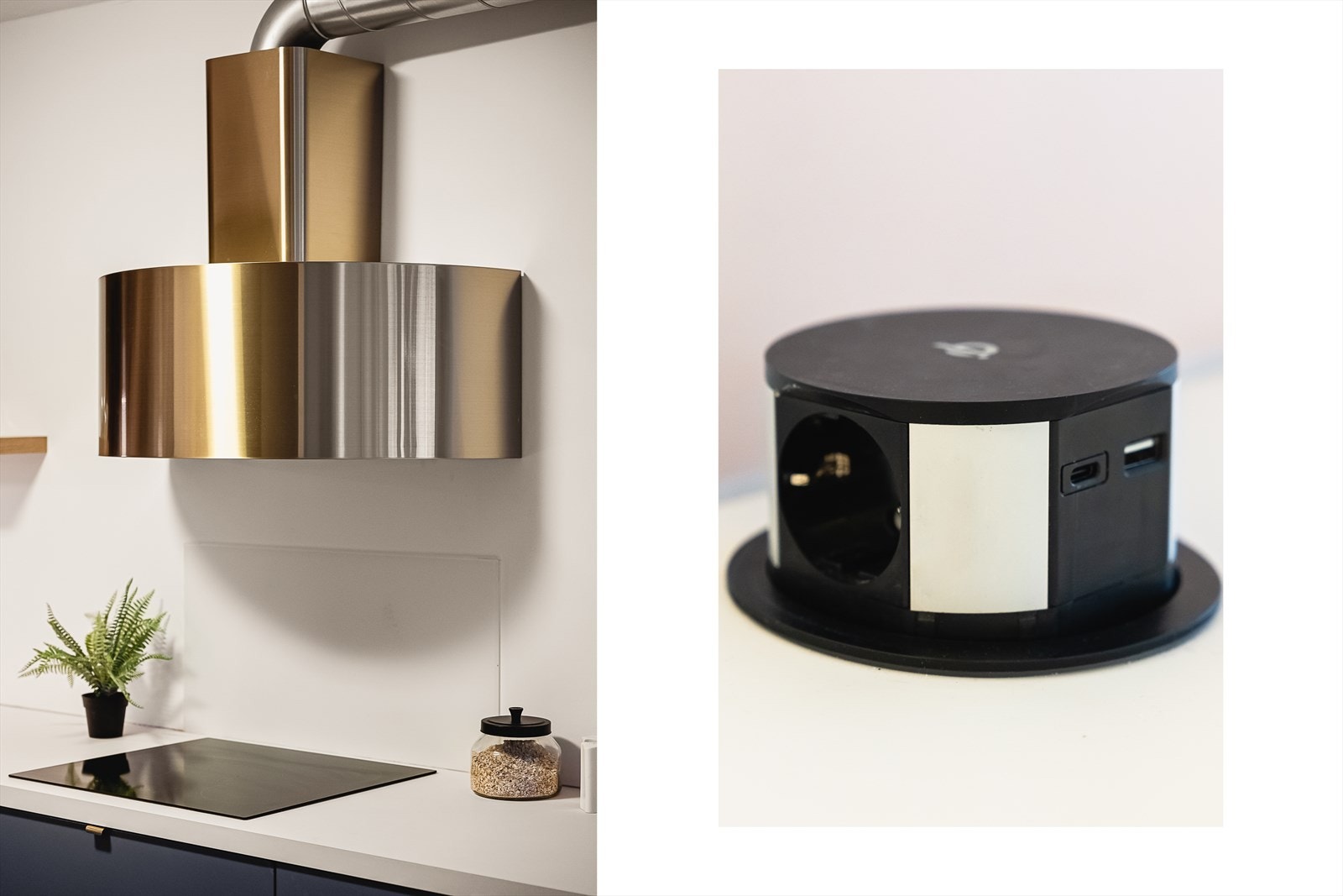 Kronen på verket er den lekre avtrekksviften fra Røroshetta (Luna), som kan styres fjernt fra telefonen med app. Smarte løsninger for strømuttak, som kan gjemmes bort i benkeplate. Galleribilde