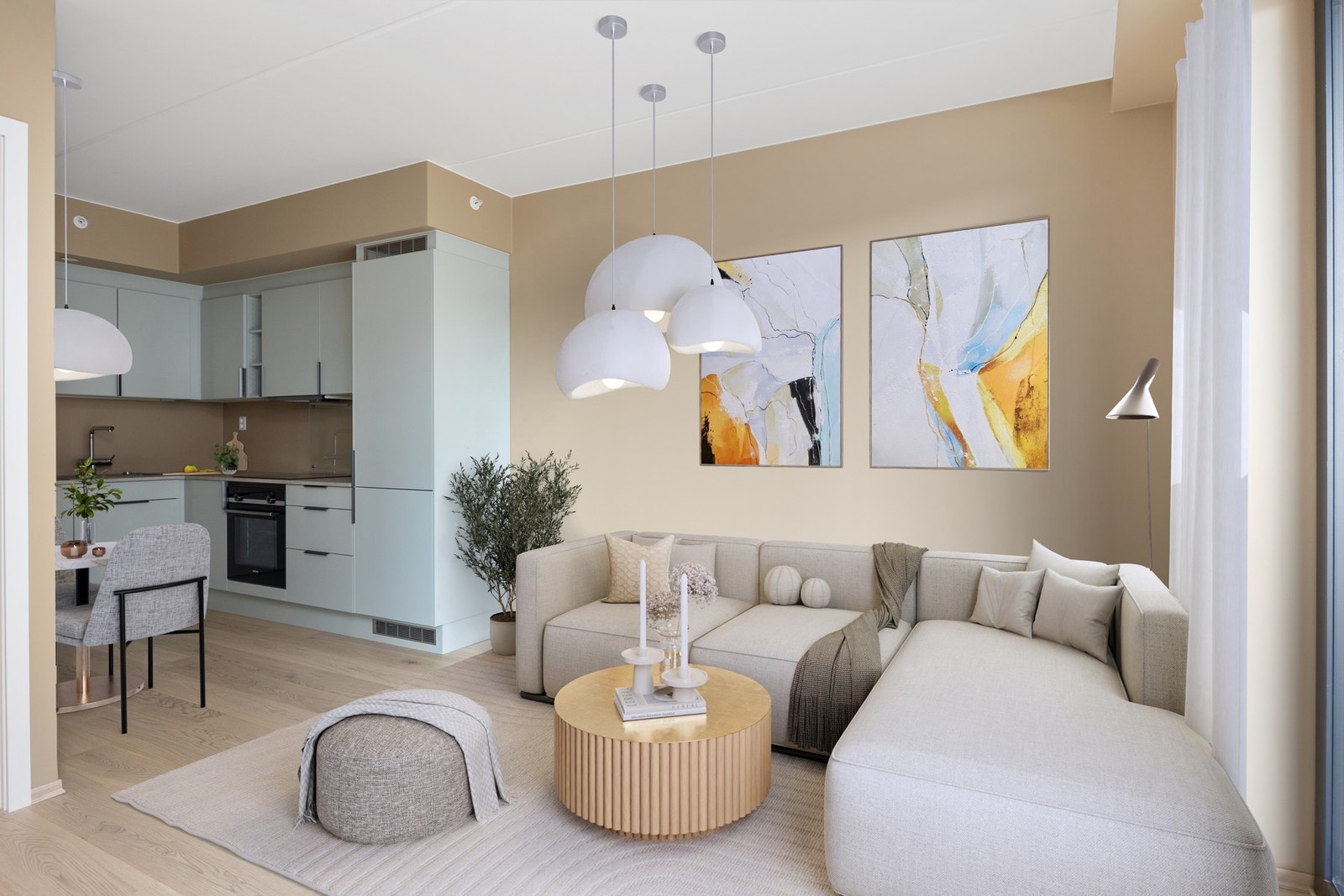 Det er eikeparkett på gulver, og vegger har fått fargen "Impression" som gir et lunt men moderne uttrykk. Leiligheten er digitalt møblert. Galleribilde