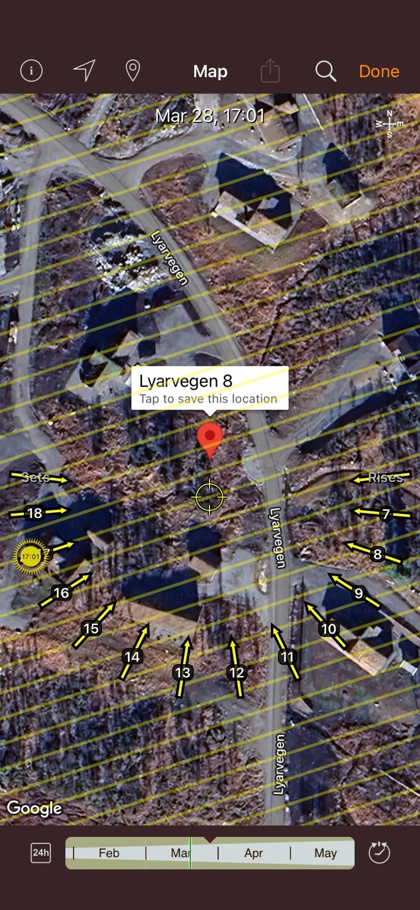 Solkart 28. mars (rundt påsketider). Solkartet er ifølge appen "Sunseeker" og det tas forbehold om feil. Galleribilde