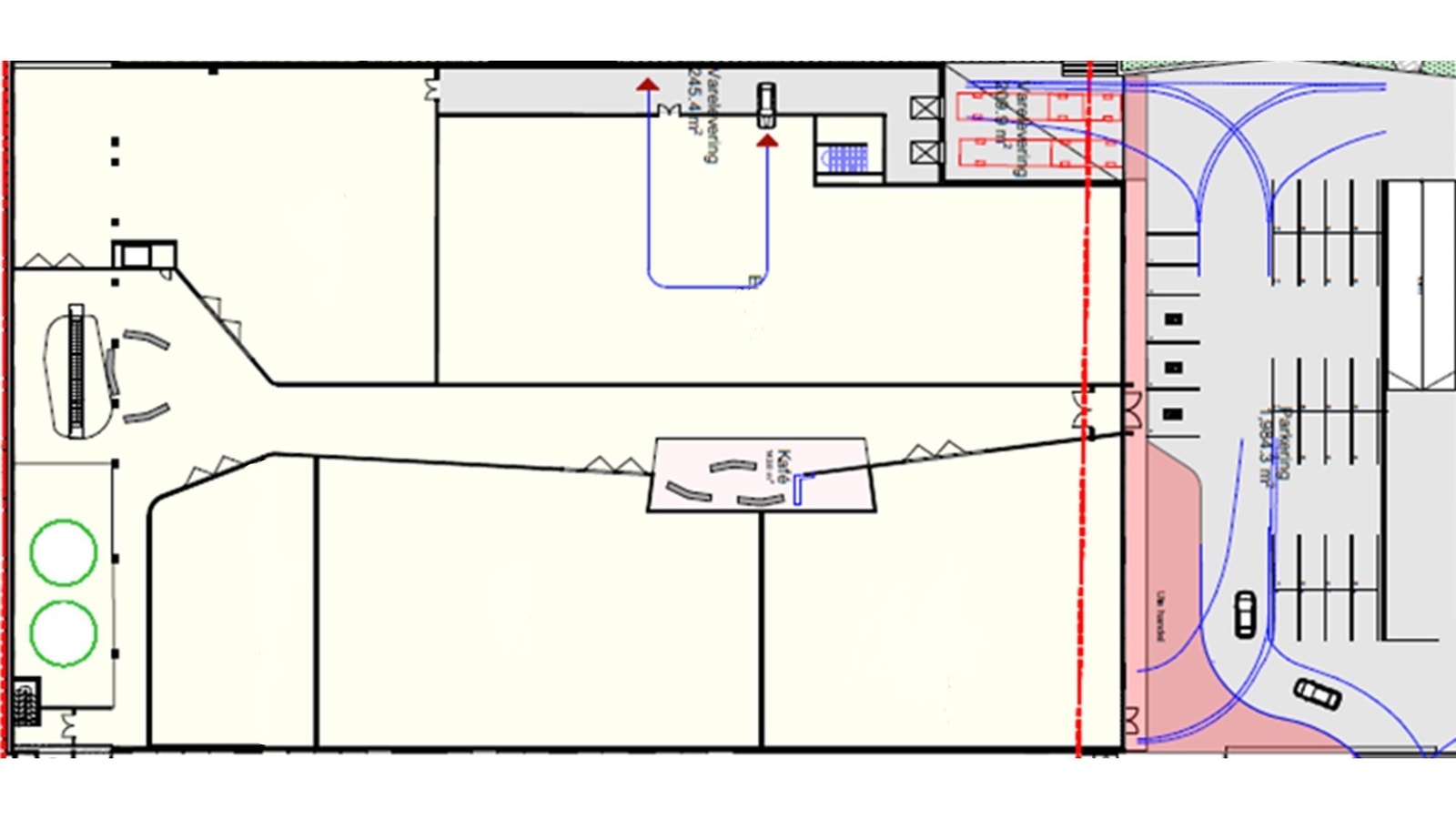 Plantegning over lokalene i 3 etasje med inngang fra de øvre parkeringsplassene. Galleribilde