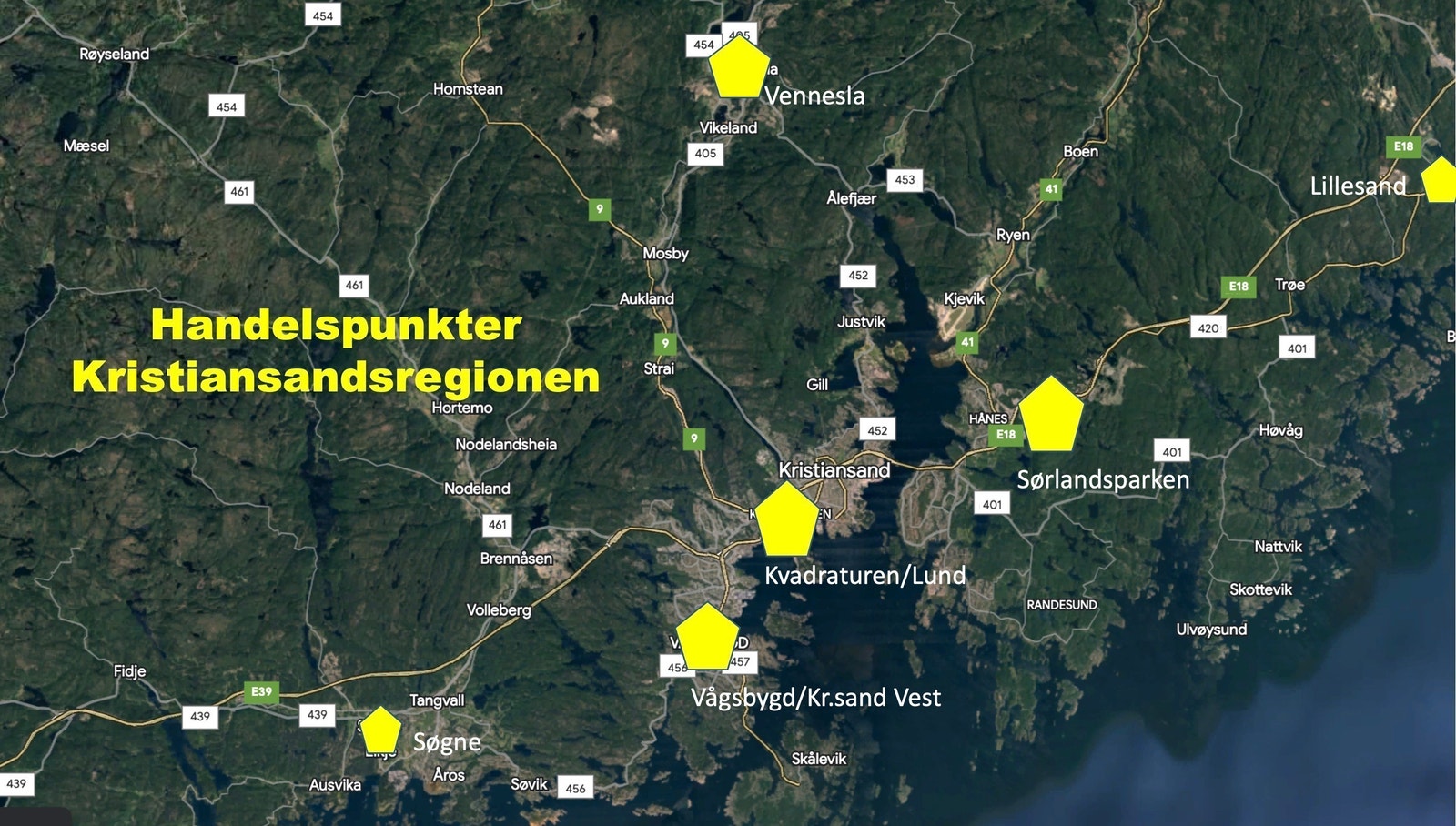 Det er 6 definerte handelspunkter i Kristiansandregionen. Vennesla er et naturlig handelspunkt i nordre del av regionen. Galleribilde