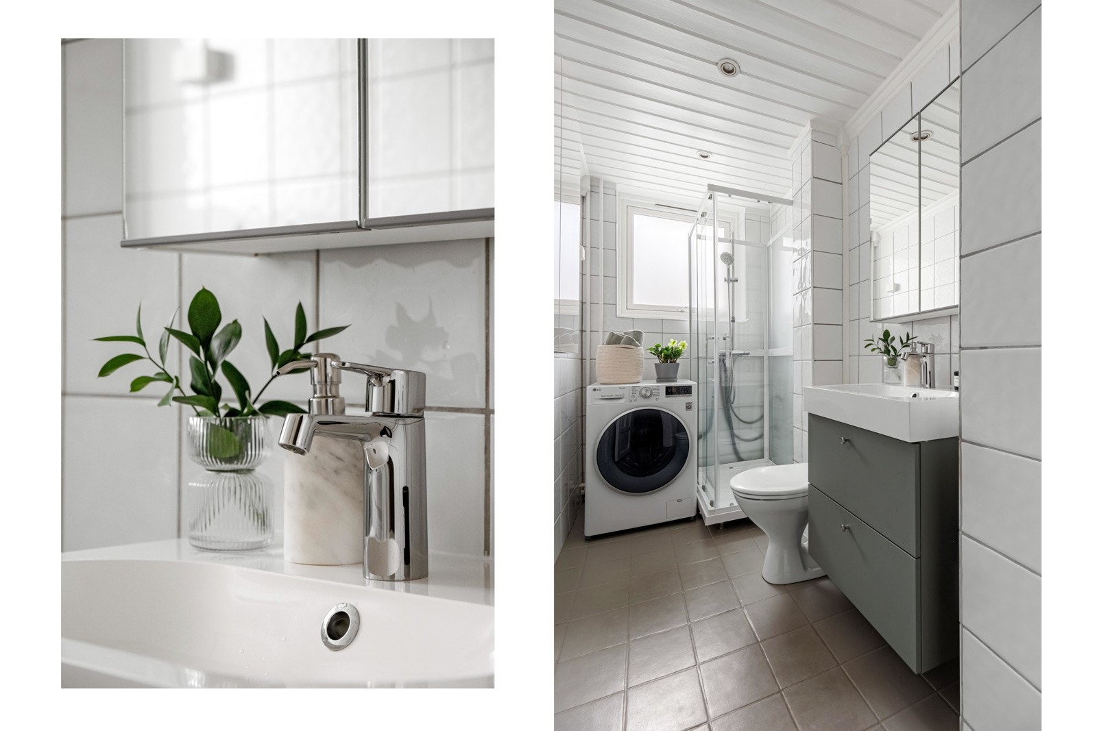 Badet er innredet med servant med skapinnredning, speilskap, toalett og dusjkabinett. Galleribilde