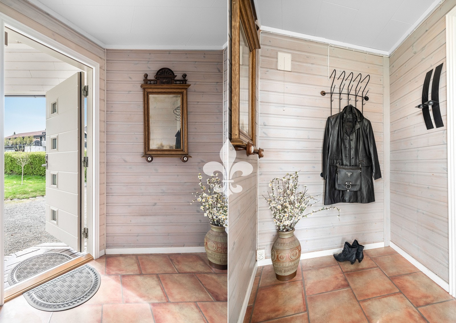 Flislagt yttergang med klesoppheng. Galleribilde