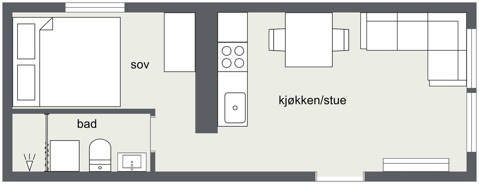 Plantegning hybel mot sør. Galleribilde