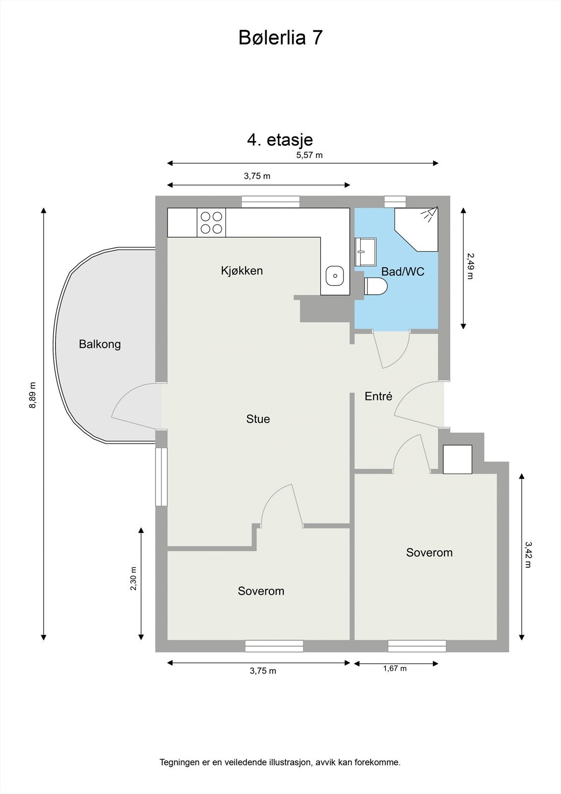Leiligheten ligger i 4.etasje og har en fin planløsning som inneholder stue og kjøkken i åpen løsning, 2 soverom, bad og entrè. Fra stuen og kjøkkenet er det utgang til en balkong. Galleribilde
