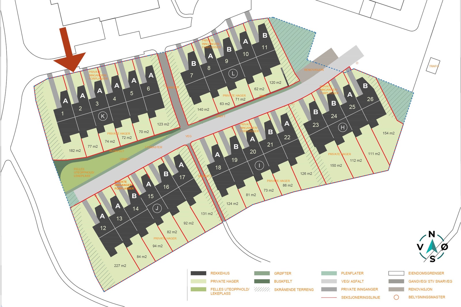 Utomhusplan som viser boligenes plassering på feltet Galleribilde