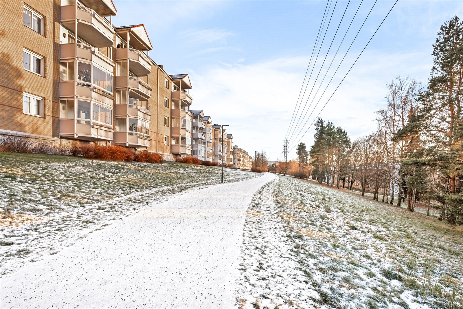 Uteområdene er opparbeidet med asfalterte adkomstveier/plasser, flotte store grøntarealer, beplantning, trær, parkeringsarealer m.m. Galleribilde