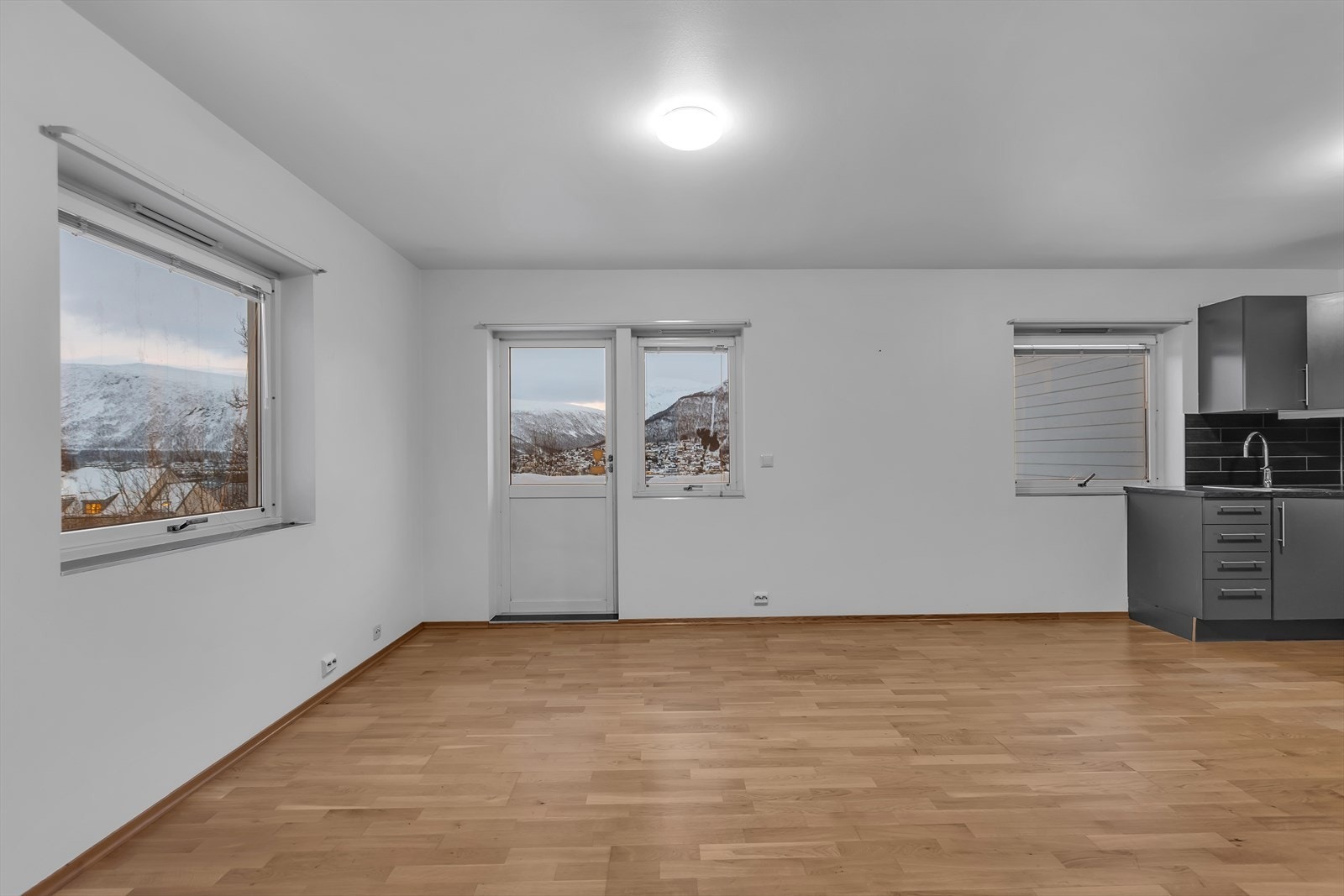 Stue med kjøkken i åpen løsning. Galleribilde