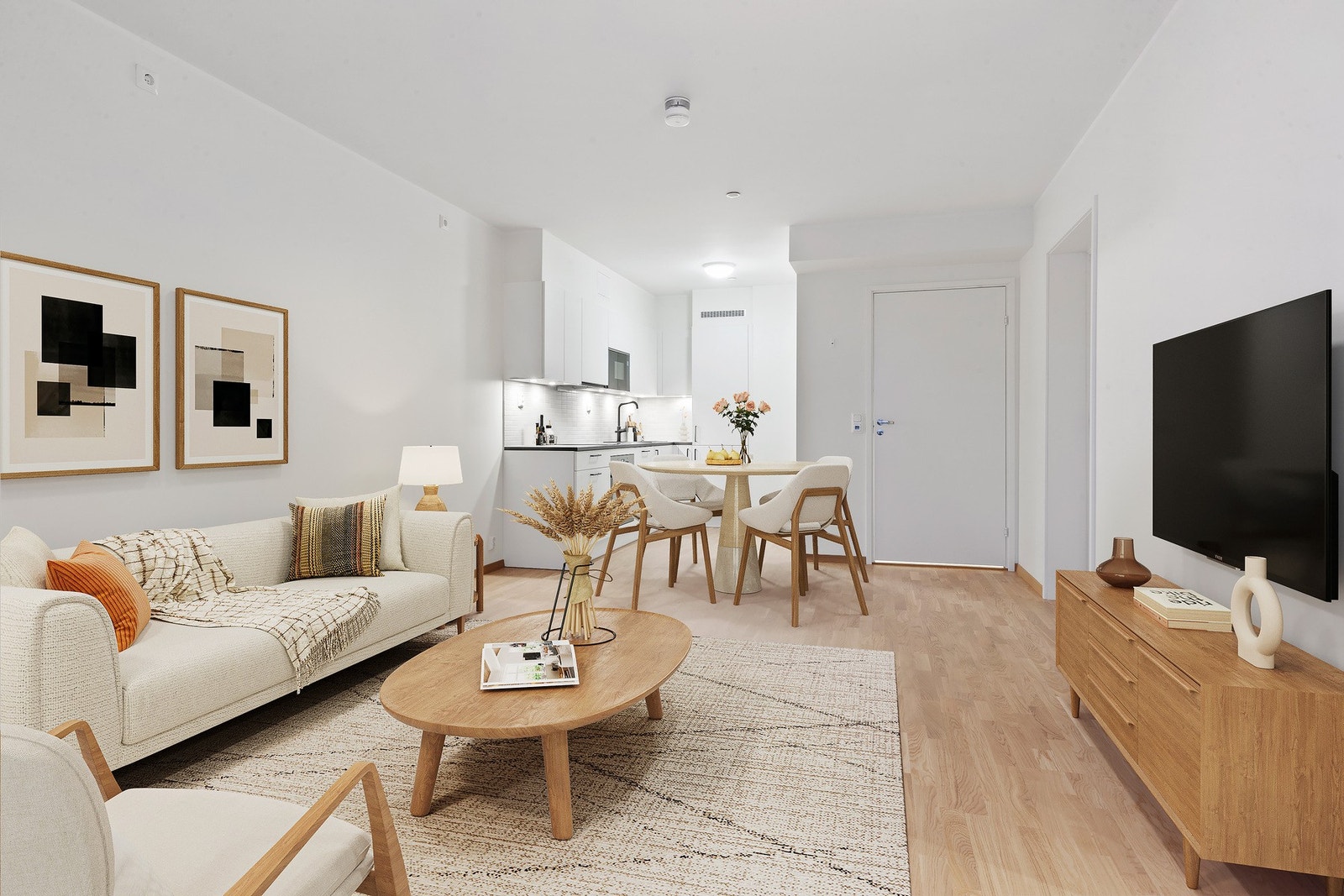 Det er en gjennomgående stue/kjøkken løsning som gir en luftig romfølelse. Galleribilde