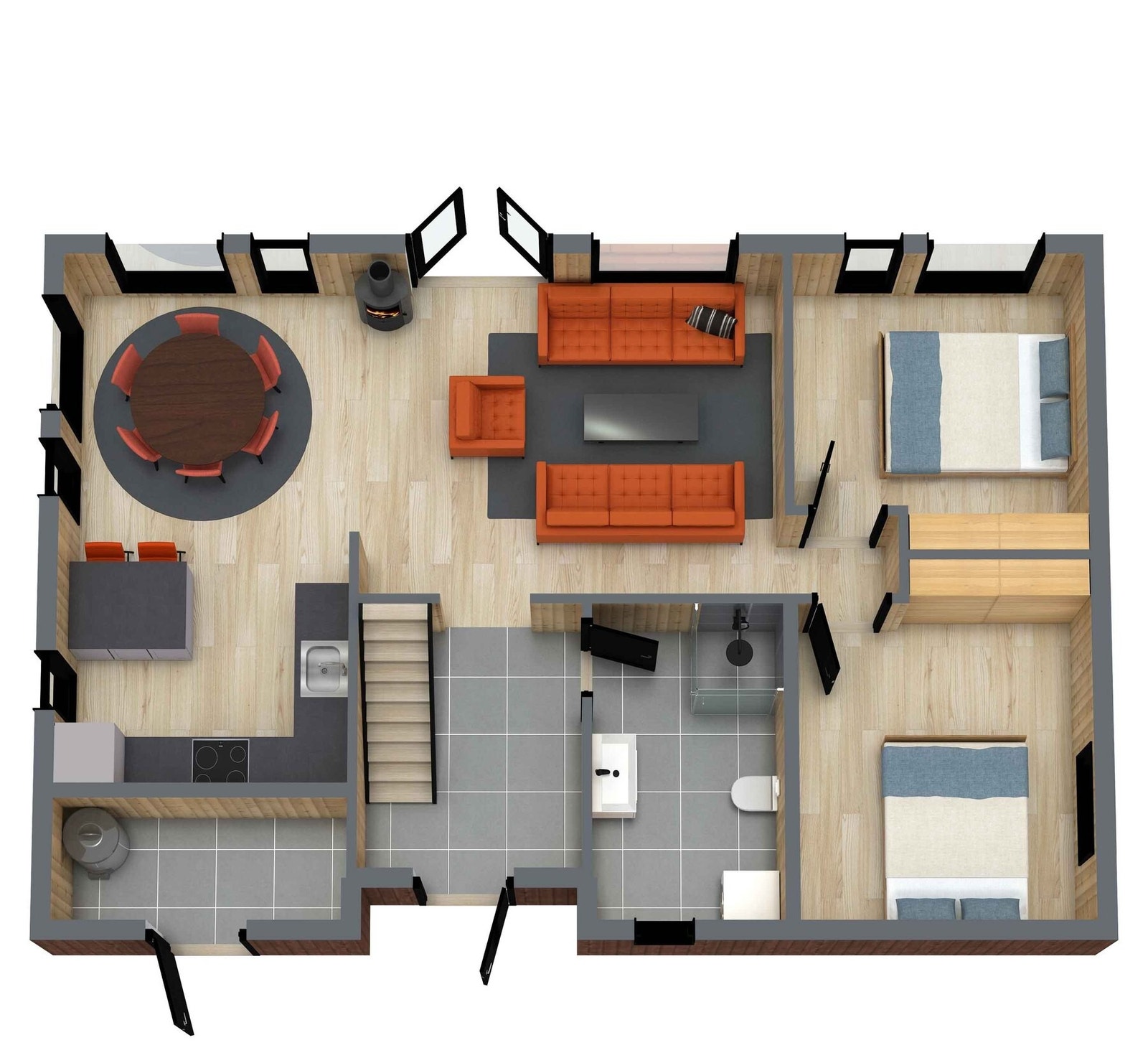 3D tegning hovedplan. Denne er ikke målbar og avvik kan forekomme. Innredningene er kun for å illustrere muligheter. Galleribilde