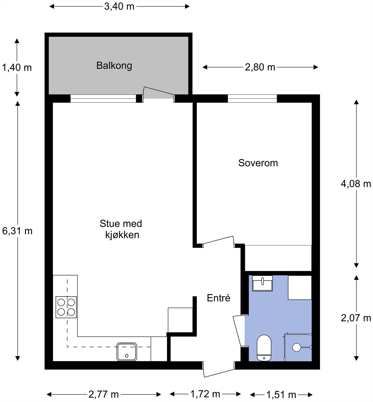 Leiligheten har en attraktiv beliggenhet i byggets 4. etasje og inneholder entré, stue, soverom, bad og kjøkken. Fra stuen har du i tillegg utgang til balkong. Galleribilde