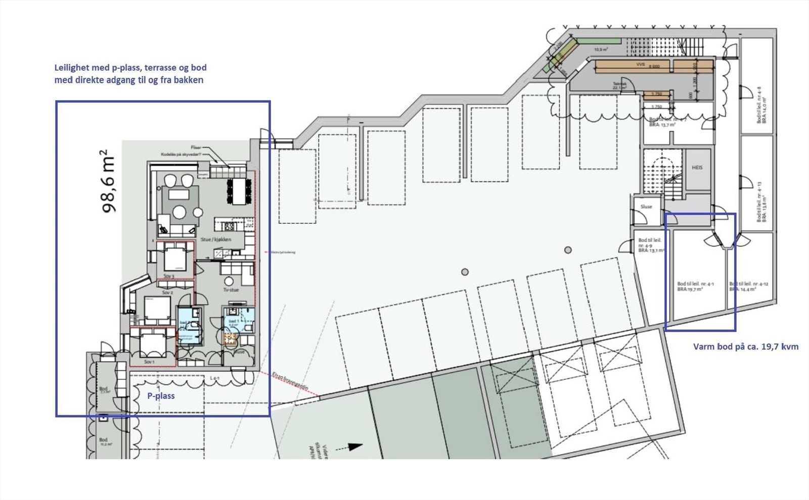Oversikt over leiligheten beliggenhet og bod arealer på totalt 26 kvm. Galleribilde