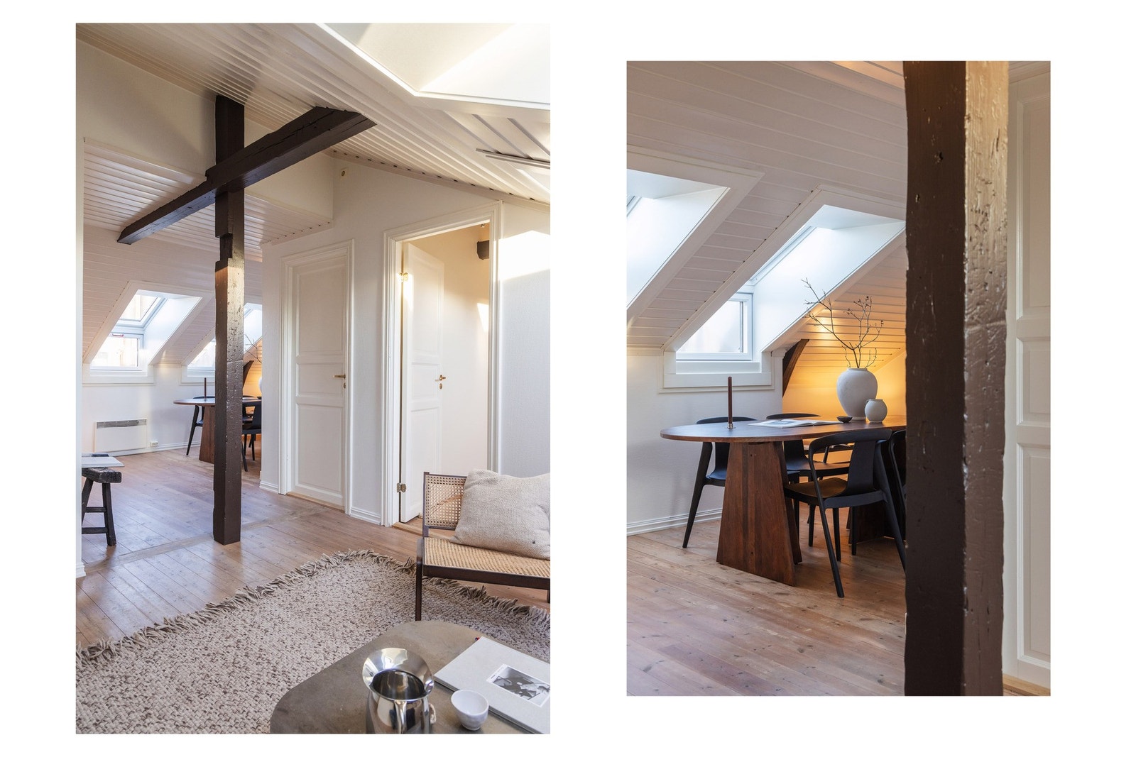 Rommets originale bjelker og det gjennomgående tregulvet gir en varm og autentisk atmosfære, samtidig som de forteller en historie om leilighetens opprinnelse. Galleribilde
