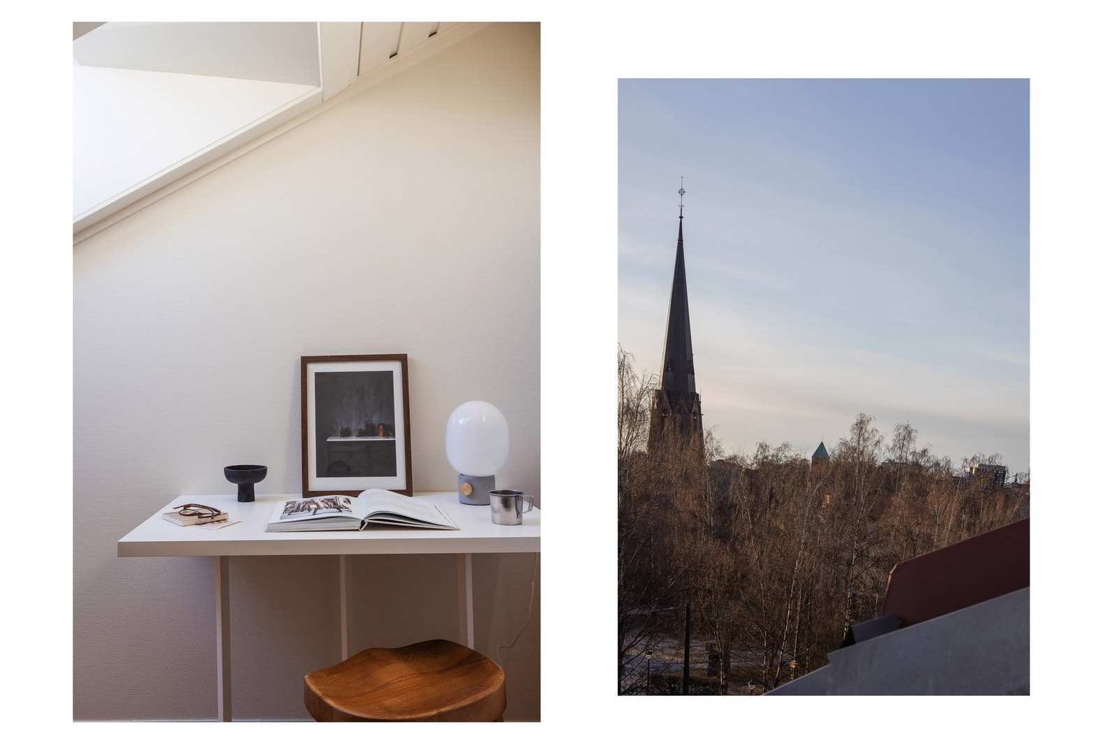 Nydelig utsyn fra takvinduet mot idylliske omgivelser og kirketårnet i det fjerne. Galleribilde