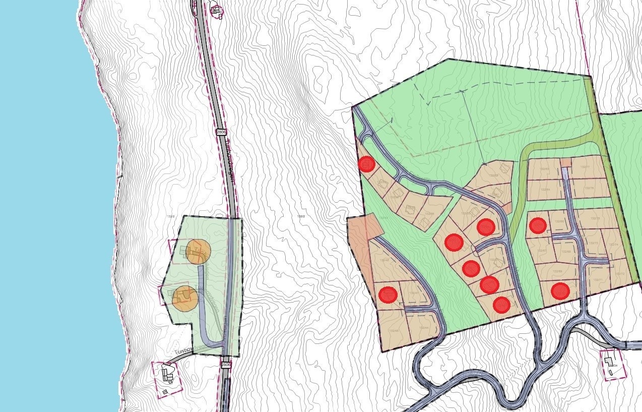 Oversikt over ledige tomter (solgte er markert rødt) Galleribilde