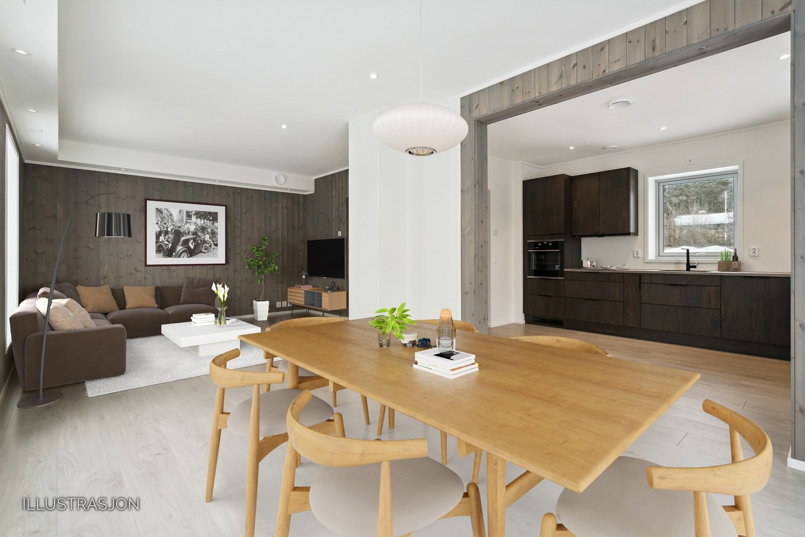 Velkommen til Sagåvegen 16 og Øverleiret! Flott og moderne bolig. Stue/kjøkken med illusterte møbler Galleribilde