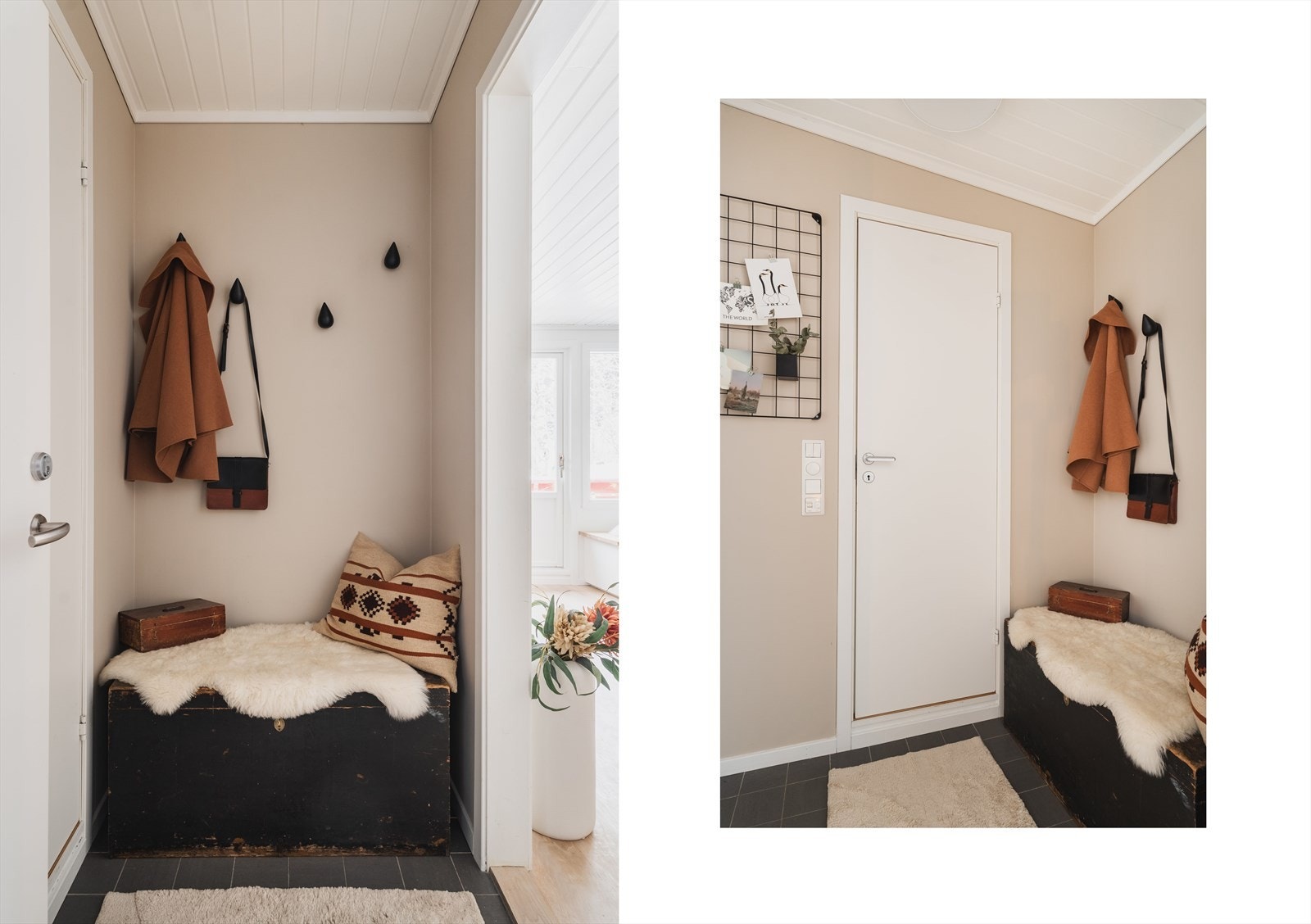 Flislagt entrè med plass til å henge fra seg yttertøy. Leiligheten disponerer en bod i kjelleren på 4,3 kvm Galleribilde