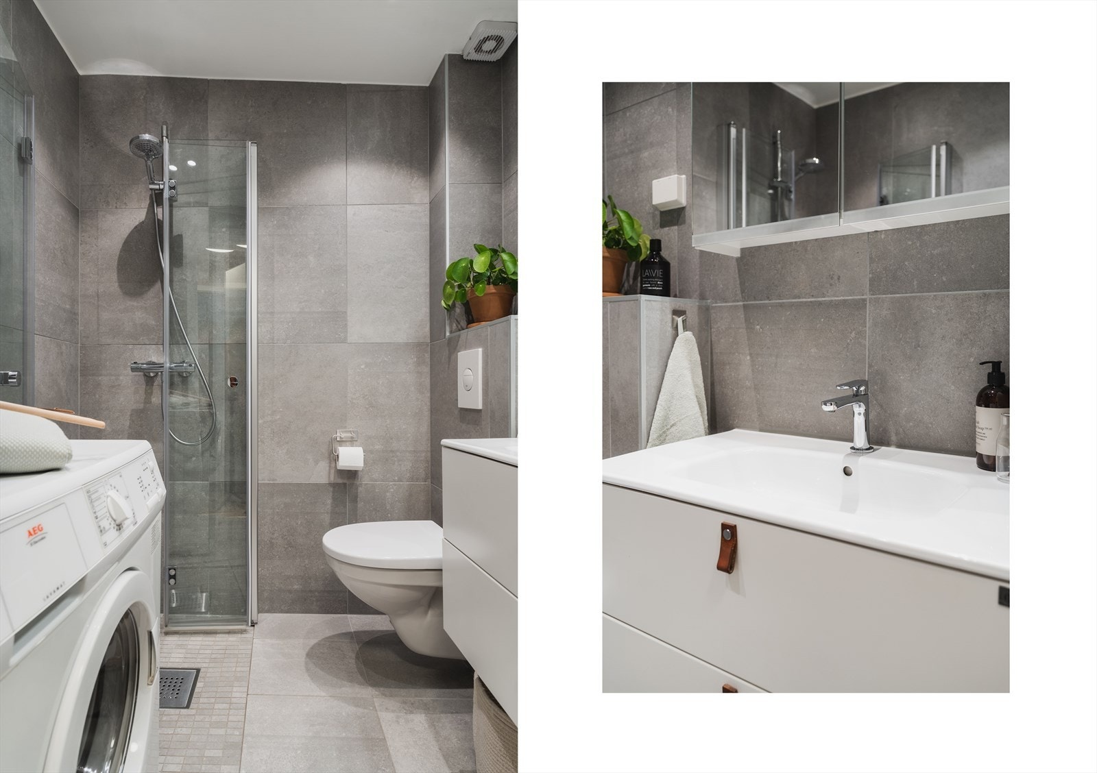 Baderommet har varme i gulv og opplegg for vaskemaskin Galleribilde