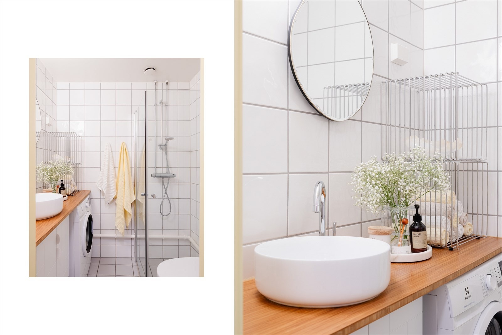 Flislagt baderom i en lys og tidsnøytral utførelse. Badet er rehabilitert i 2004. Varmekabler i gulv, og opplegg for vaskemaskin. Galleribilde