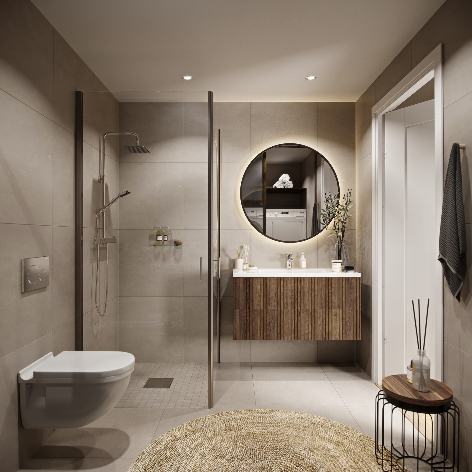 På bad blir det 60x60 fliser i lys grå på gulv og vegger. Baderomsinnredning på det store badet blir Svedbergs Epos i brun ask, og det lille baderommet får Svedbergs Forma i hvit. (Illustrasjonsbilde) Galleribilde