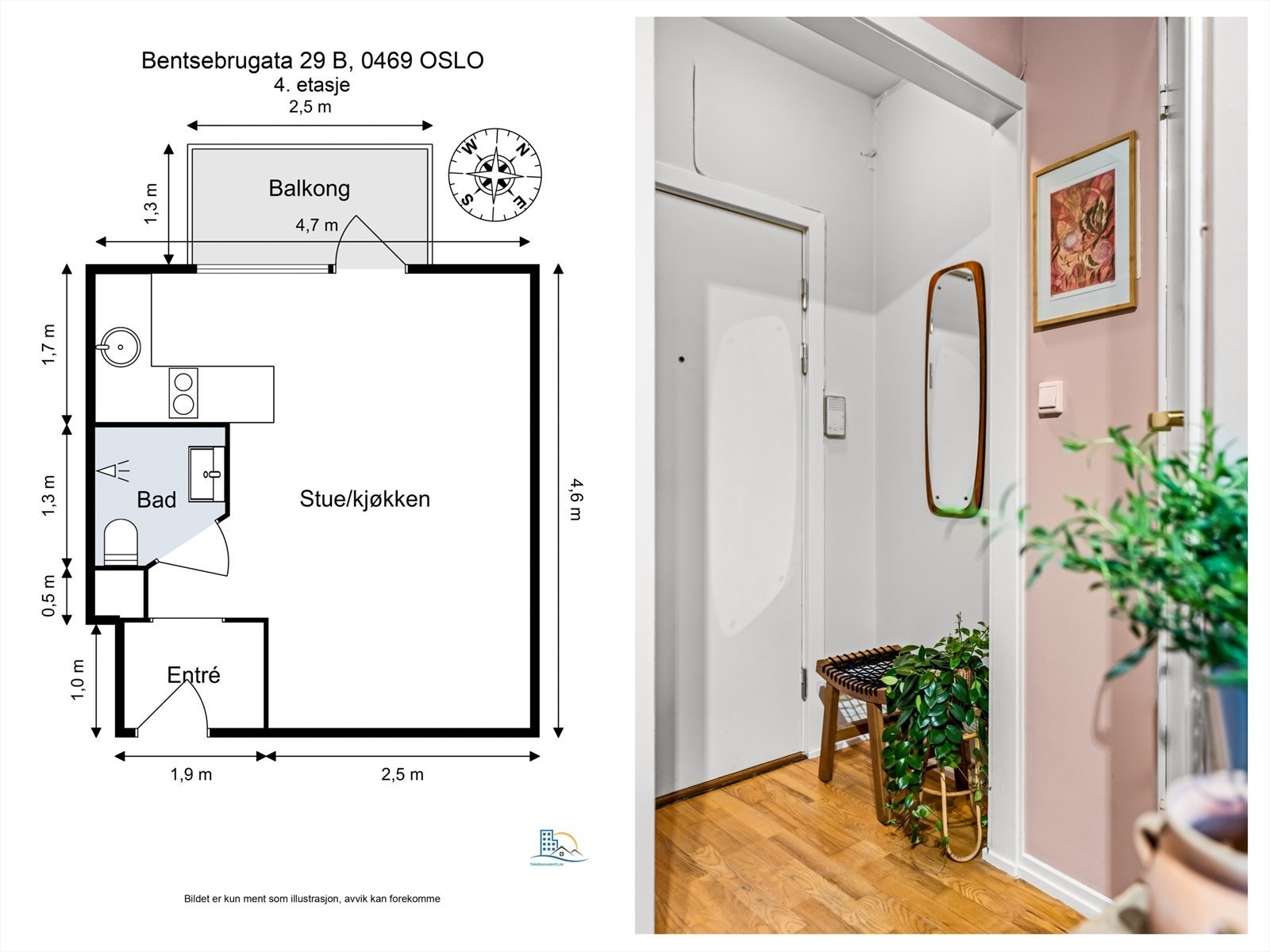 Leiligheten har en gjennomtenkt og arealeffektiv planløsning som utnytter hver kvadratmeter optimalt. Du møtes av en praktisk entré med plass til oppbevaring, et stilrent baderom og en lys stue med åpen kjøkkenløsning. Galleribilde