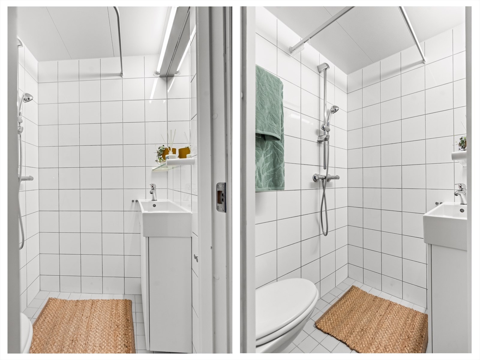 Pent flislagt baderom med elektrisk gulvvarme. Badet er innredet med vegghengt klosett, servant med innredning og dusjhjørne. Galleribilde