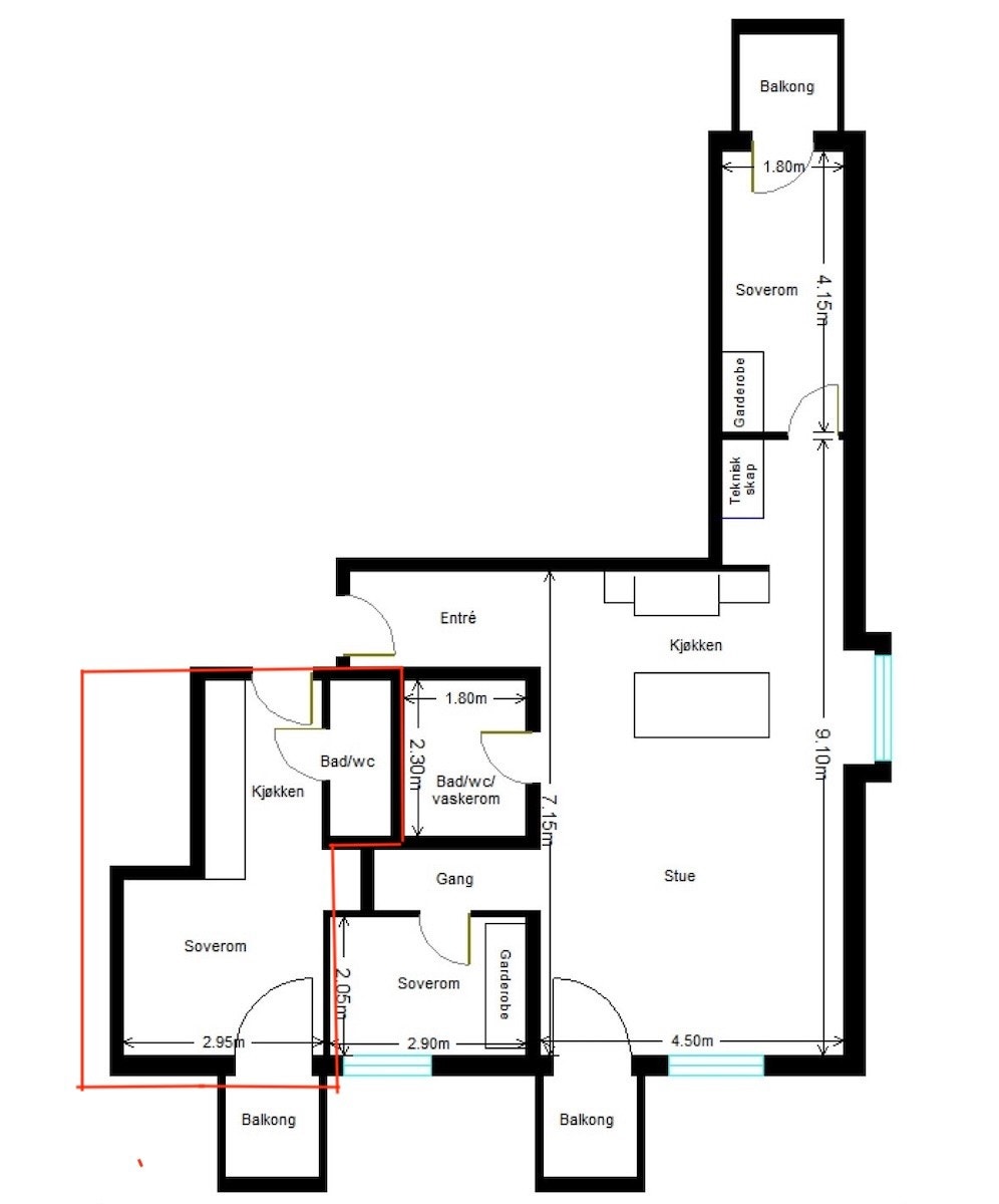 Alternativ plantegning for omgjøring til hybeldel (rød markering), løsningen er ikke søkt eller godkjent, men kun et eksempel. Naboleilighet i 4. etg har denne løsningen. Alt ansvar ligger hos kjøper. Galleribilde