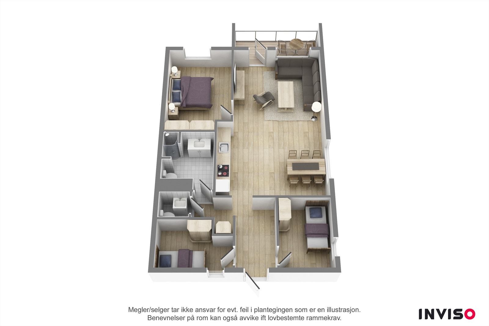 Planløsningen viser en perfekt utnyttet 4-roms hjørneleilighet på 70 kvm. Vinduer i tre himmelretninger. Sydvendt terrasse på 8 kvm. Galleribilde