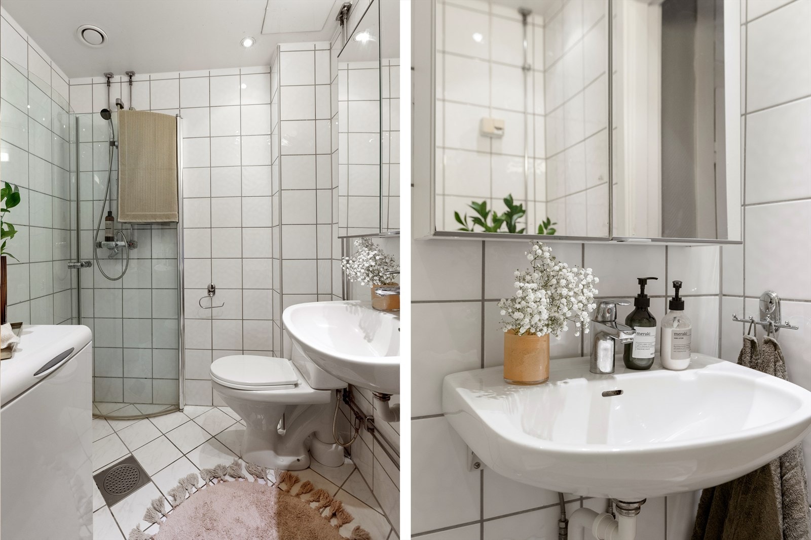 Flislagt baderom med dusj bak fellbare glassdører, toalett og speilskap over servant. Galleribilde