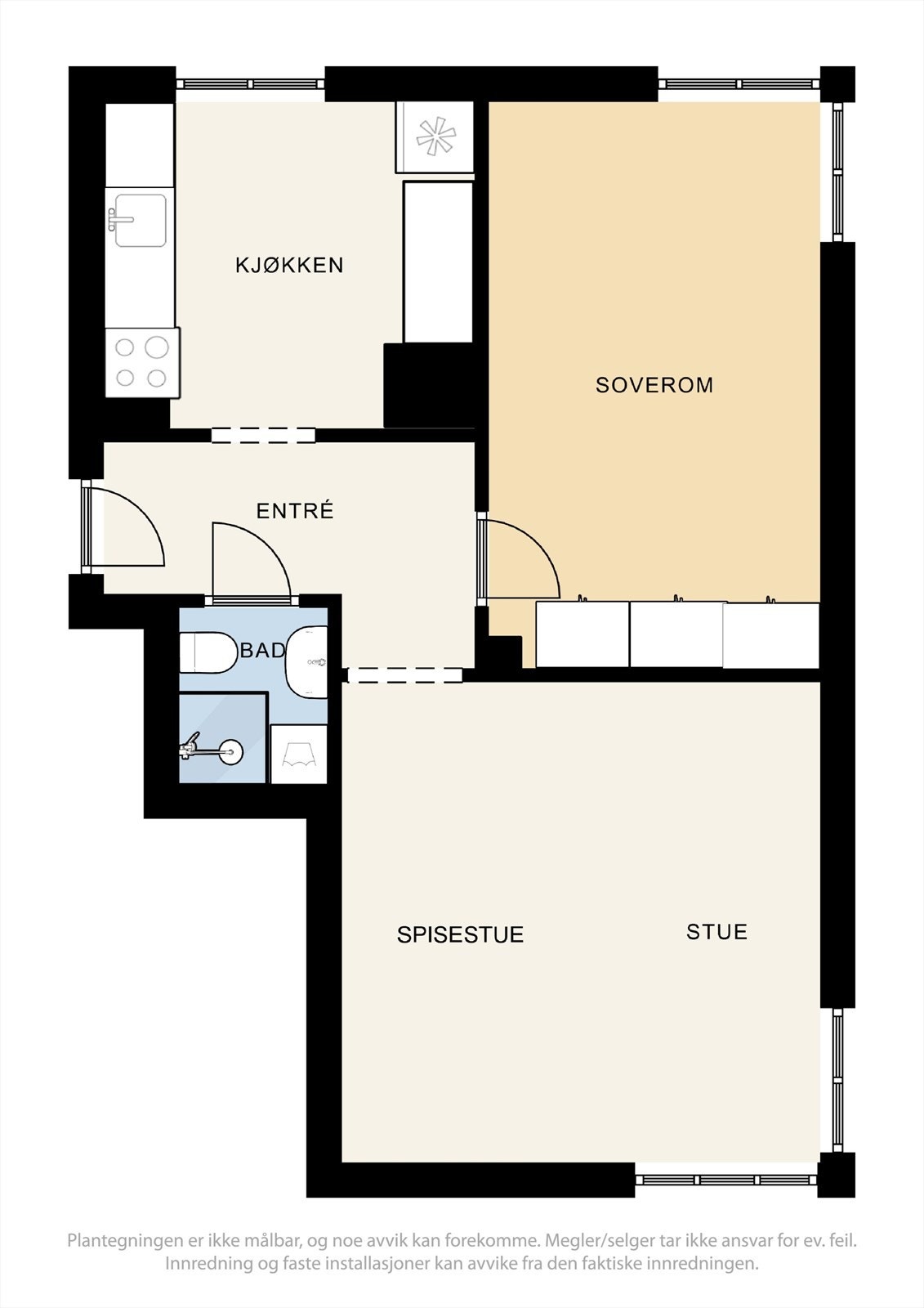 Plantegninger - Lignende leiligheter i borettslaget har bygget om boligen til en 3-roms ved å flytte kjøkkenet ut i stuen. Galleribilde
