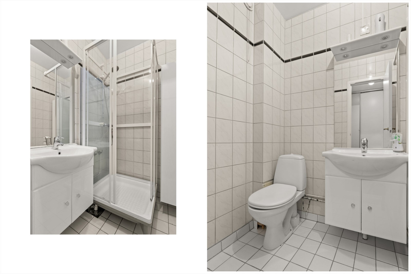 Rommet er innredet med vegghengt servantskap, speil med belysning over servant, dusjkabinett og toalett. Opplegg for vaskemaskin. Galleribilde