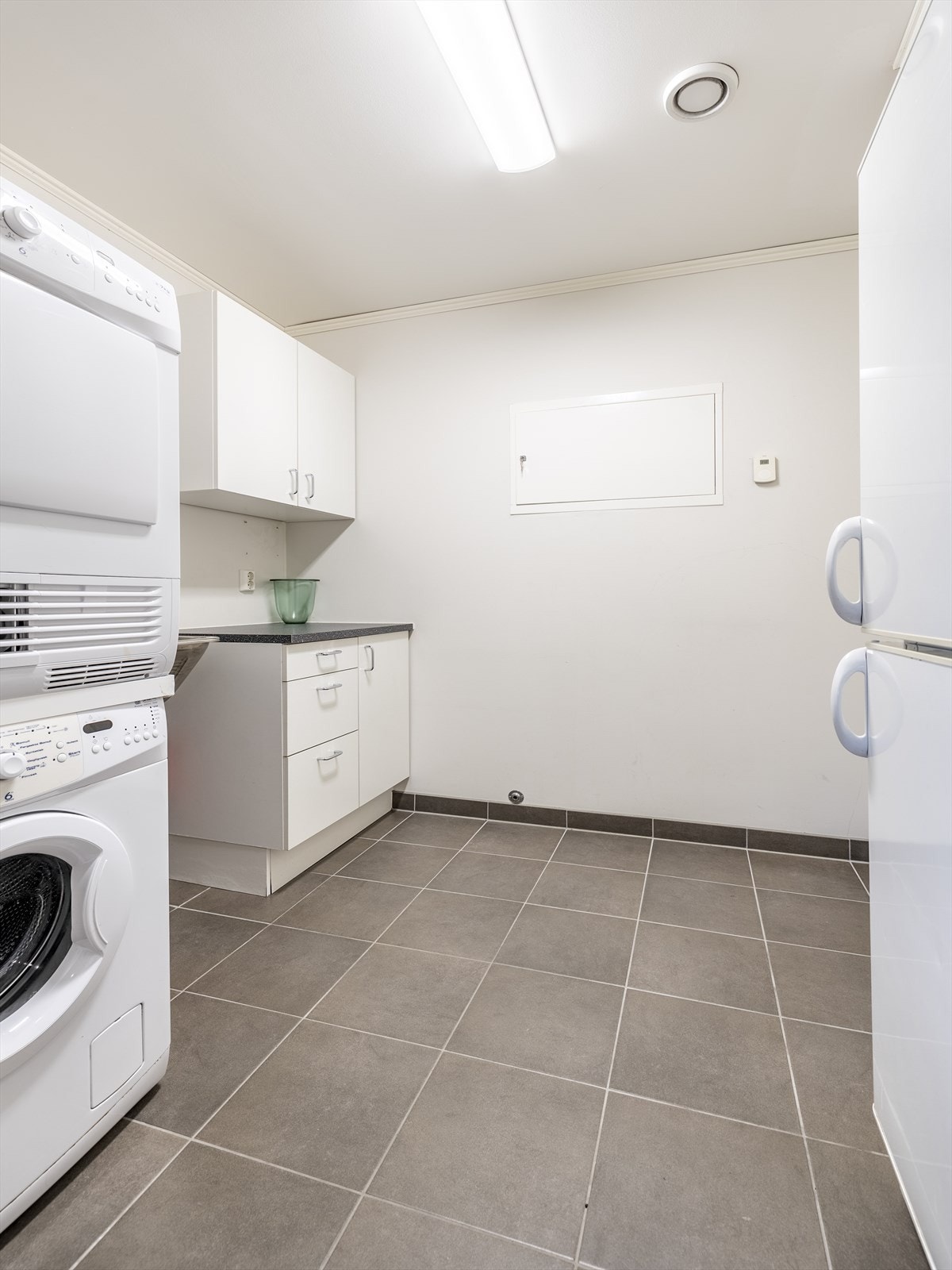 Boligen har et praktisk vaskerom med skyllekum og opplegg for vaskemaskin, skapinnredning og sikringsskap. Galleribilde