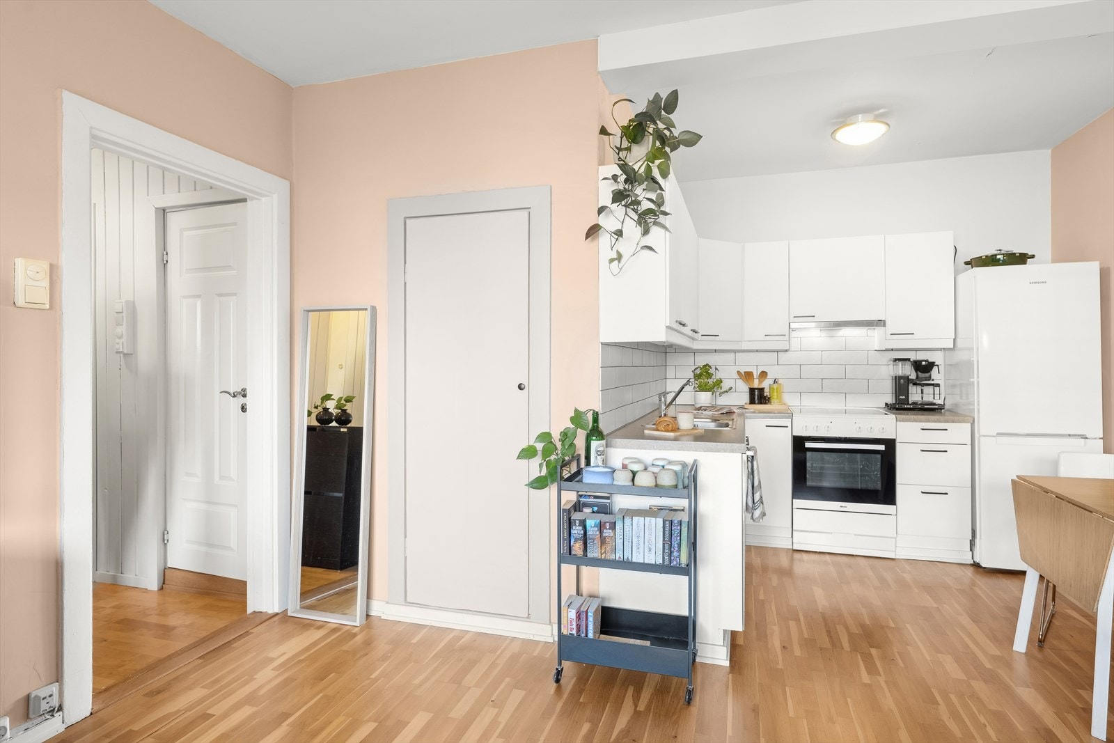 I vegg mot kjøkkenet er det en bod, perfekt for lagring av renholdsartikler og annet diverse. Galleribilde