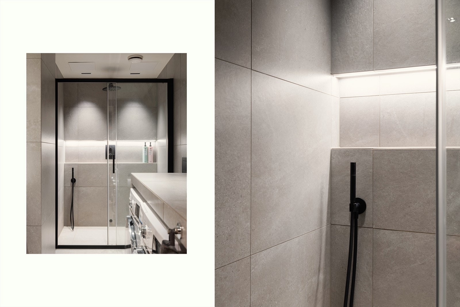 Romslig dusj med skyvedør som gir en lukseriøs følelse. Innebygd, flislagt hylle med belysning i dusjen for en stilren utførelse. Galleribilde