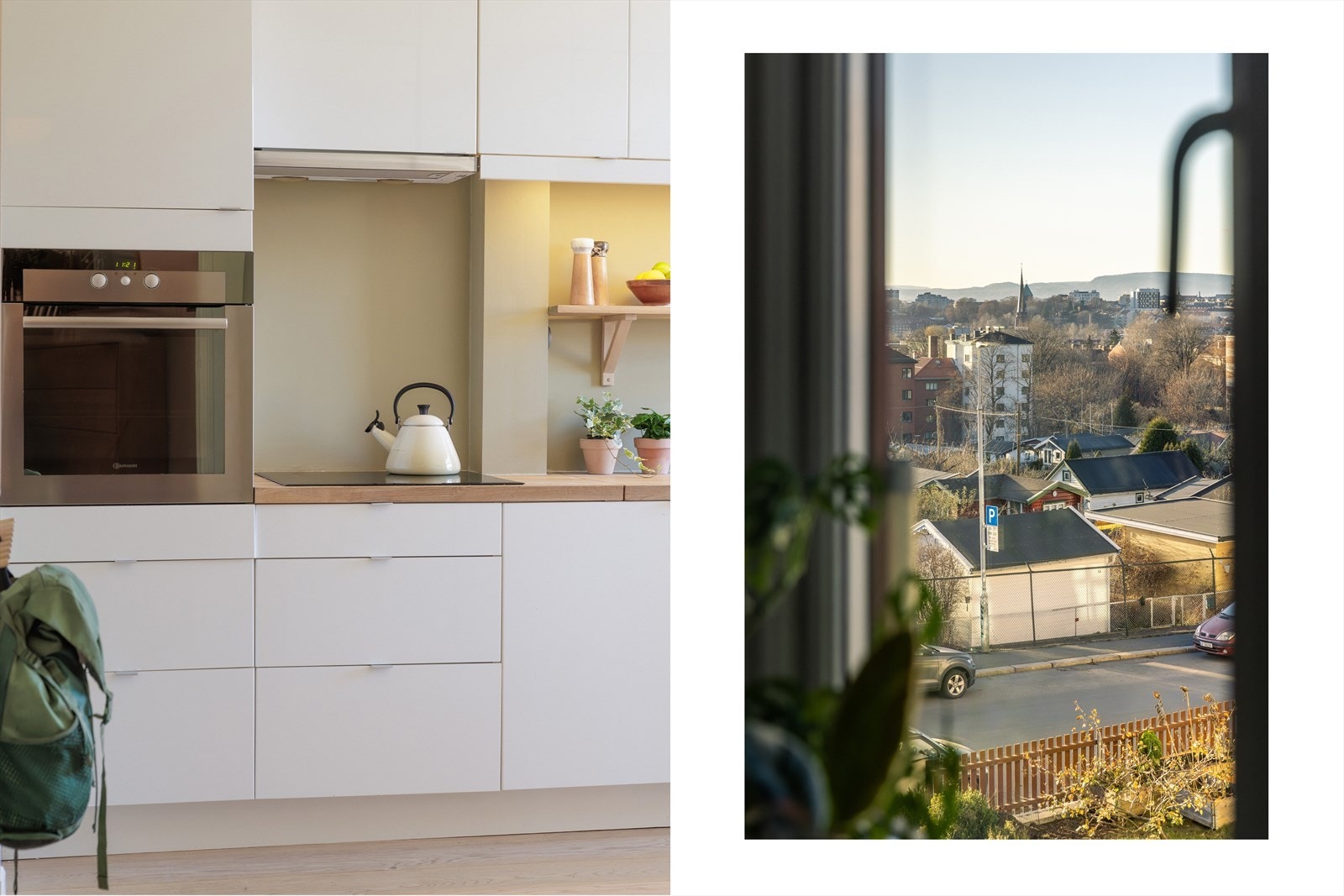 Leiligheten har et romslig separat kjøkken med utsikt mot byen. Her kommer ettermiddagssola inn. Det er beboerparkering i gata, med gode parkeringsmuligheter på alle sider av bygården, ifølge selger. Galleribilde