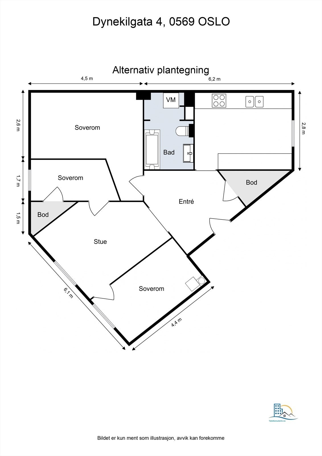 Alternativ plantegning: Her er det gode muligheter til å sette opp en lettvegg for å etablere et ekstra soverom. Galleribilde