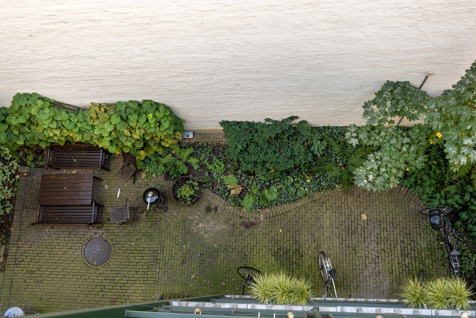 Utsyn fra balkongen mot den frodige bakgården. Galleribilde