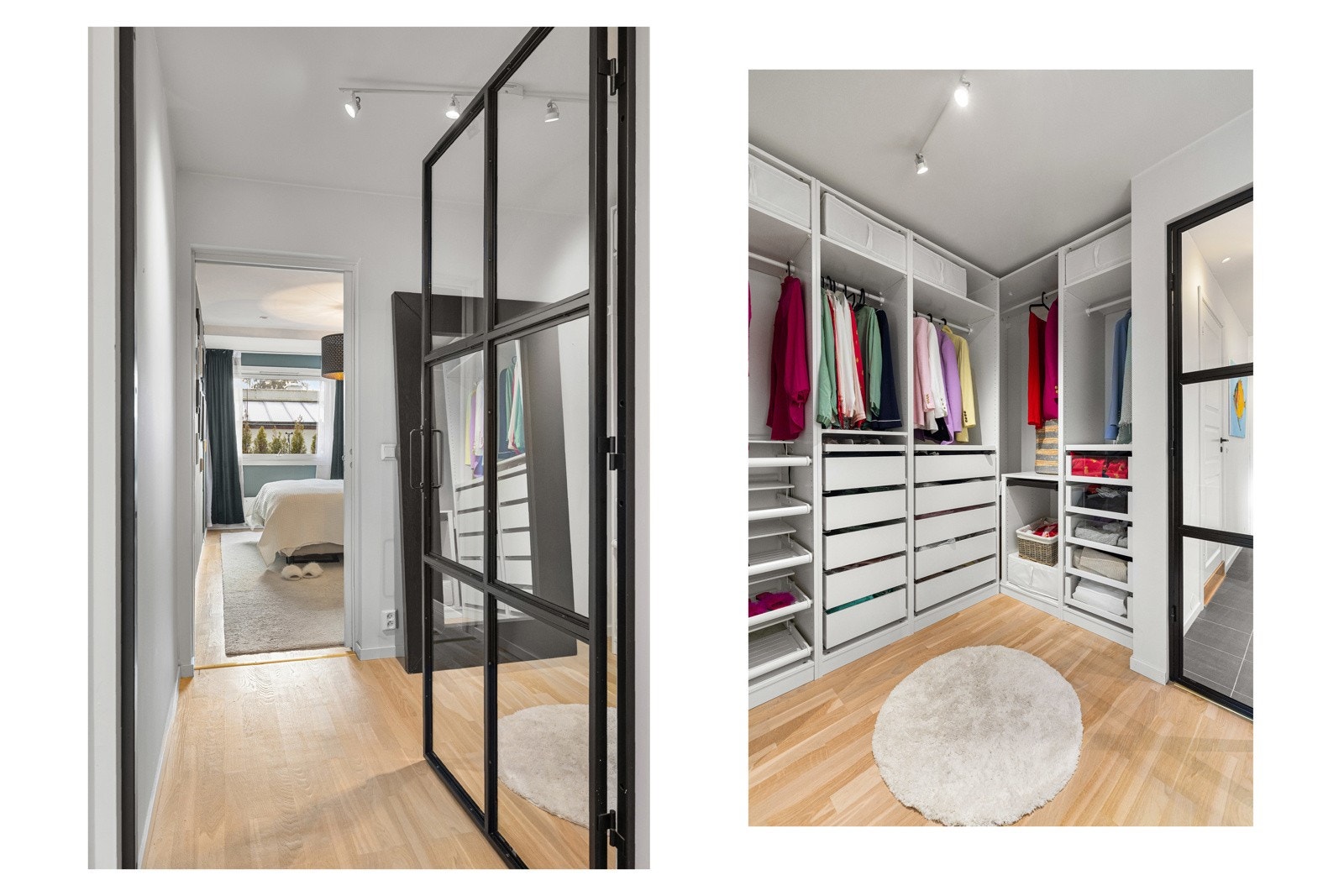 Direkte tilknyttet soverommet ligger et romslig og velorganisert omkledningsrom. Den elegante smijernsdøren fungerer som et dekorativt element og gir et moderne preg. Galleribilde