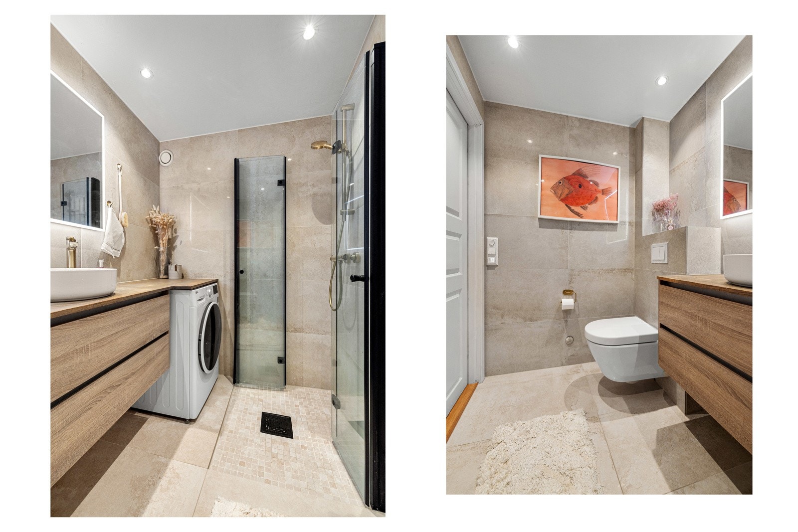 Badet kombinerer funksjonalitet og estetikk med en romslig dusjsone med glassdører og et vegghengt toalett. Flisene på vegger og gulv gir et tidløst og moderne uttrykk. Galleribilde