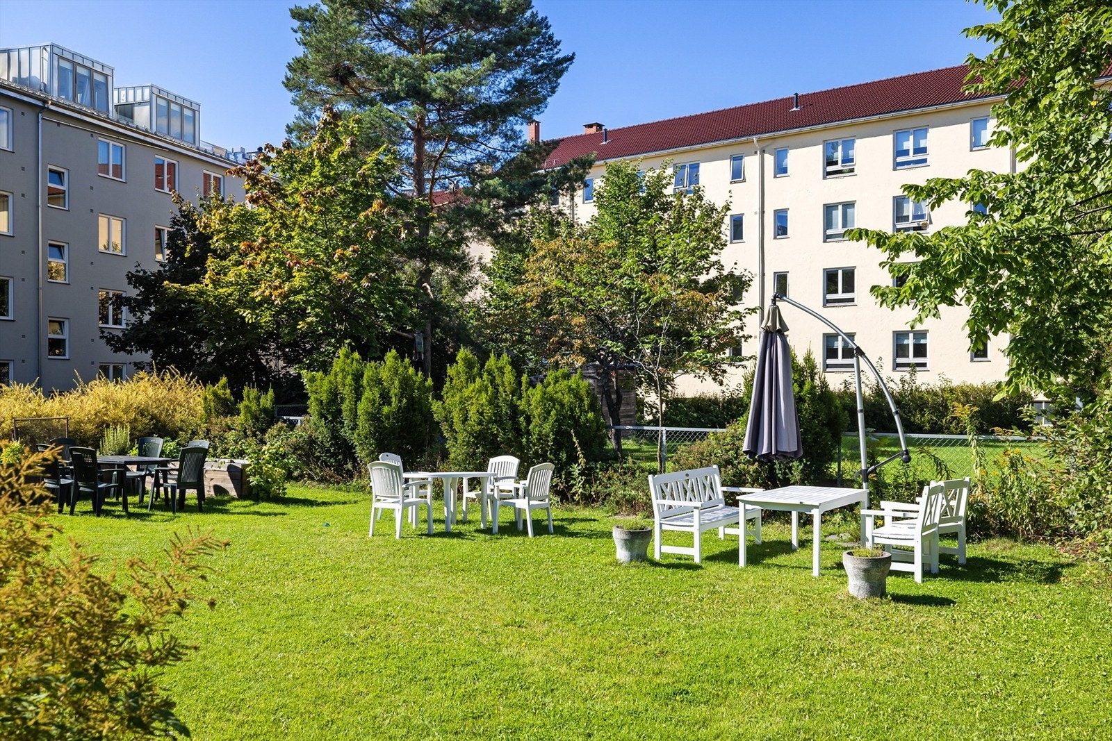En av Sagenes største og flotteste indre gårdstun med frodig, variert beplantning. Solrikt. Galleribilde