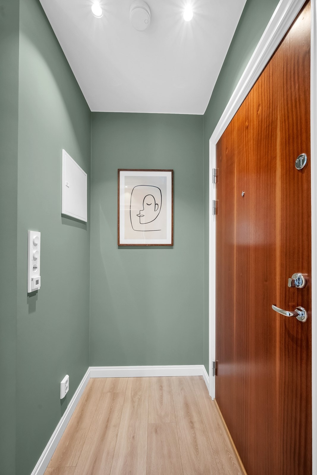 Leiligheten har en innbydende entré som gir et umiddelbart godt førsteinntrykk. Her er det praktisk plass for å henge fra seg yttertøy og sette fra seg sko. Det er ny inngangsdør fra 2022. Galleribilde