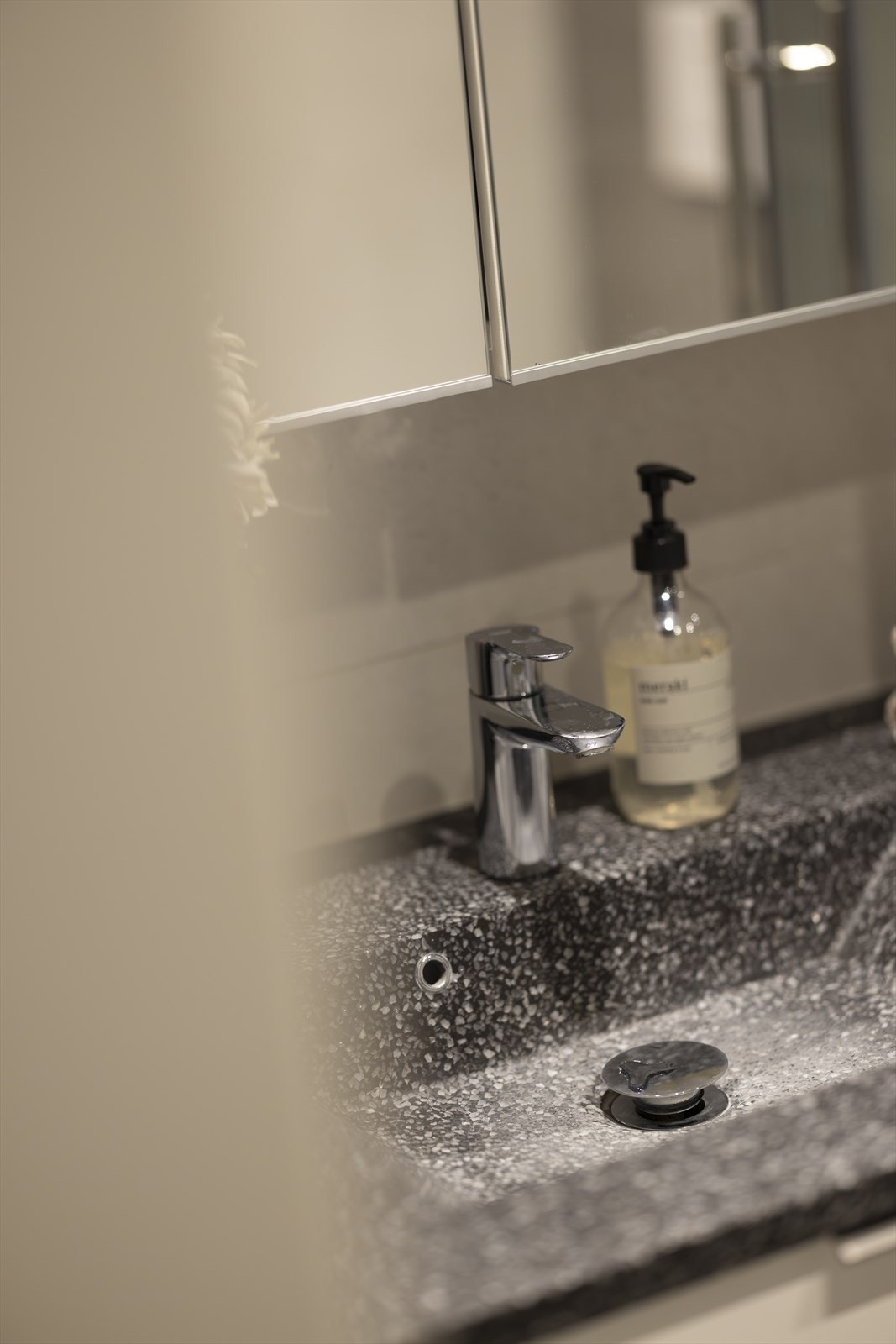 Rommet er innredet med servant med underskap, speilskap, vegghengt dusjtoalett av typen Gebirit AquaClean. Galleribilde