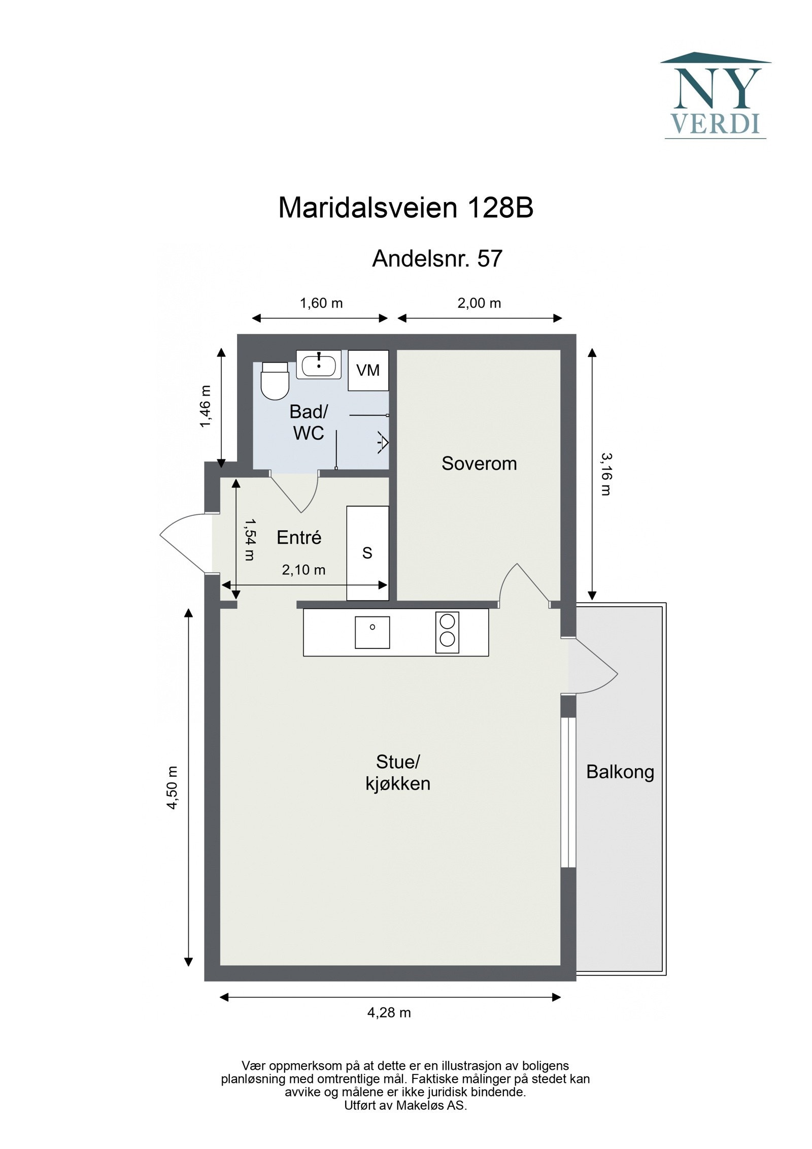 Plantegning 5. etasje. I tillegg disponerer leiligheten en kjellerbod på ca. 3,9m². Heis i bygget. Galleribilde