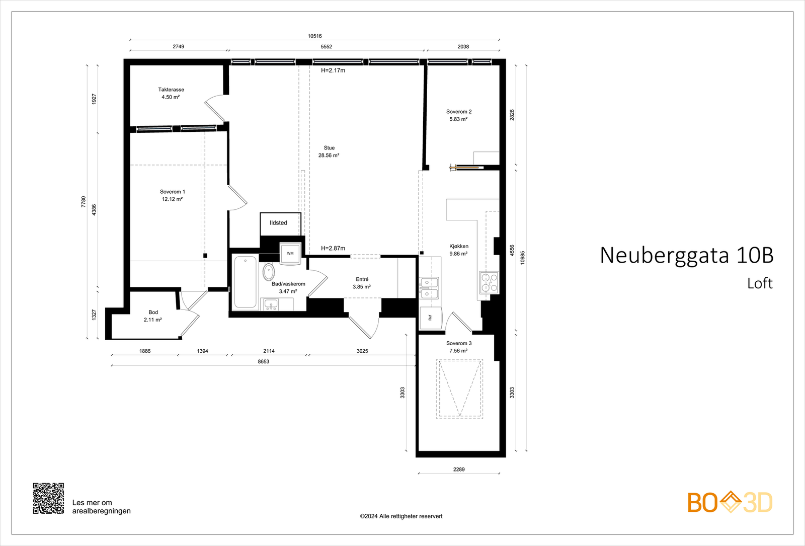 Plantegning. Merk at rom definert som "Soverom 3" i plantegningen ikke er godkjent for varig opphold. Galleribilde