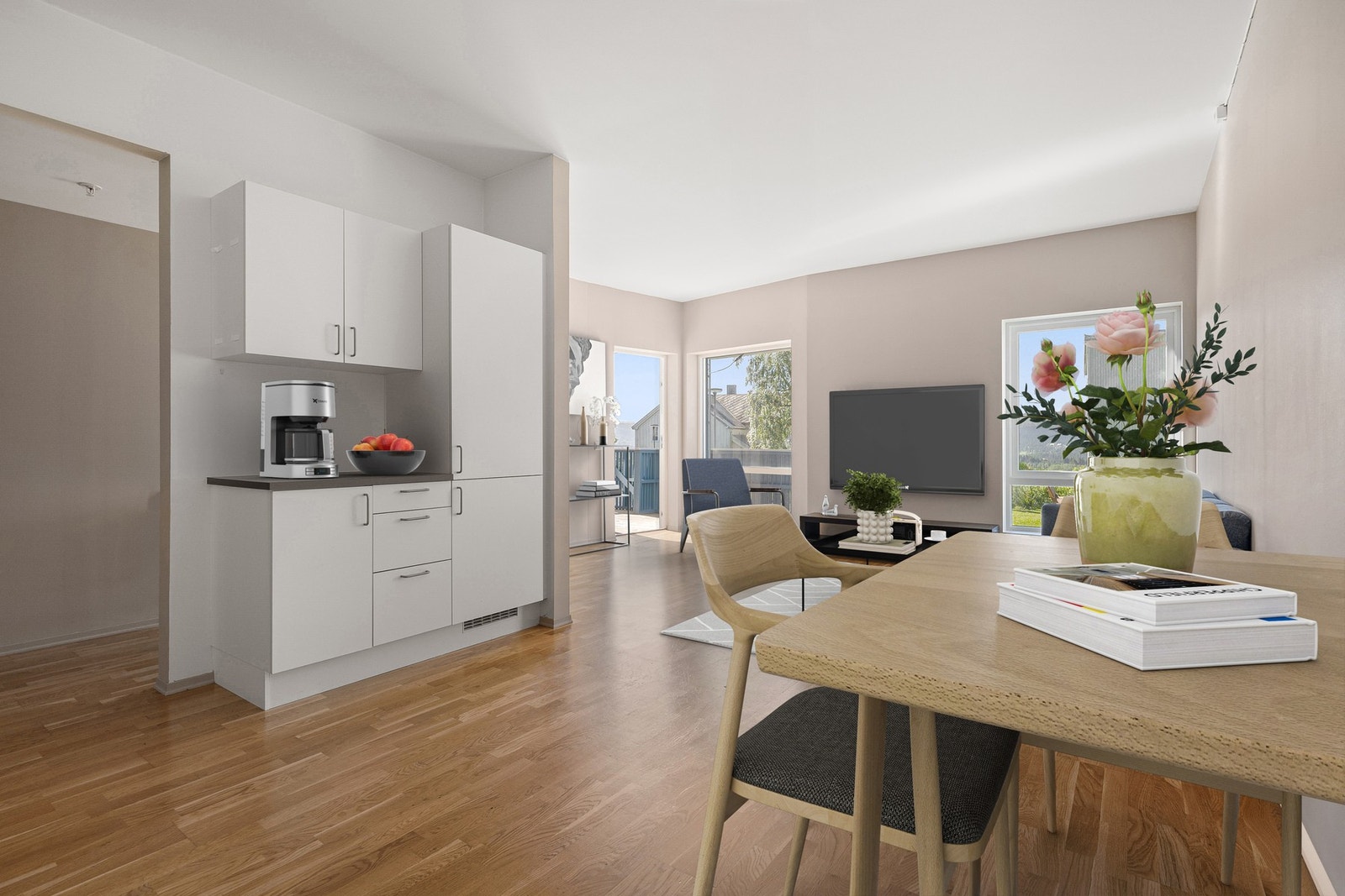 Stor og innbydende stue med åpen stue- kjøkkenløsning. Galleribilde